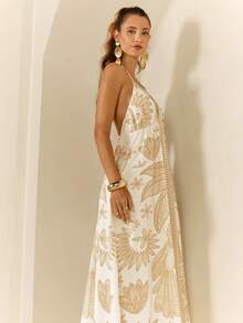 CAJUNI Tropical Print Backless Halter Neck Dress, Vacation & Casual - Yellow - View 6