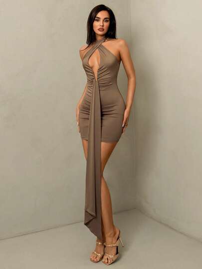 Glamine Brown Solid Color Lace-Up Backless Sexy Elegant Elegant, Charming Diva Outfit, Deep V-Neck Women's Party Solid Color Dress, Suitable For Christmas, New Year Holiday Party, Spring/Summer