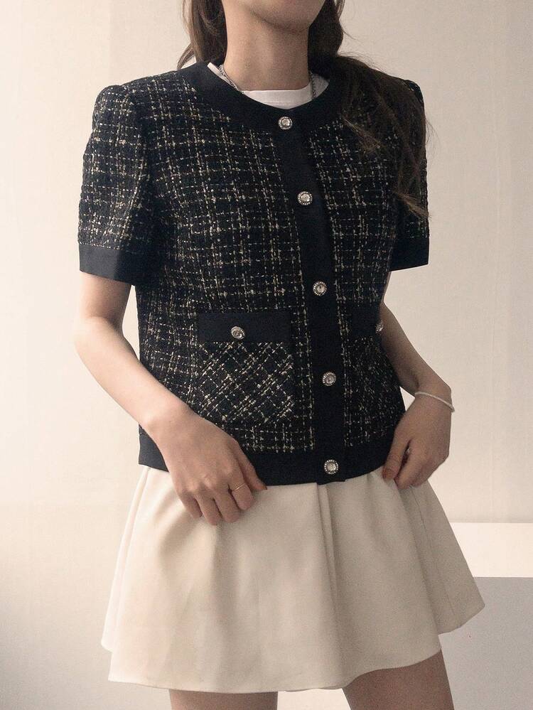 Women's Round Neck Single-Breasted Pocket Casual Versatile Daily Wear Short Sleeve Jacket