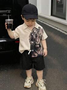 SHEIN 男婴虎纹印花Polo衫短裤套装，休闲夏季装扮 - 黑色 - 查看 1