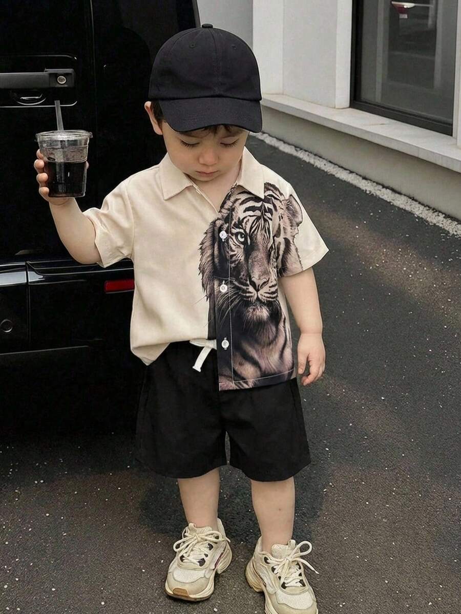 SHEIN 男婴虎纹印花Polo衫短裤套装，休闲夏季装扮 - 黑色 - 查看 1