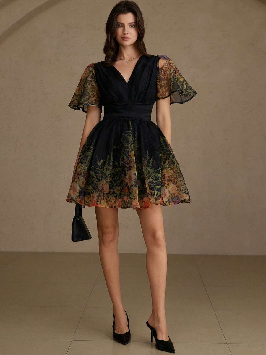 Aveloria Rosie Đầm tay ngắn cổ chữ V thắt eo, chất liệu organza, họa tiết hoa nhí, phong cách nghỉ dưỡng ngọt ngào mới. - Nhiều màu - Xem 1