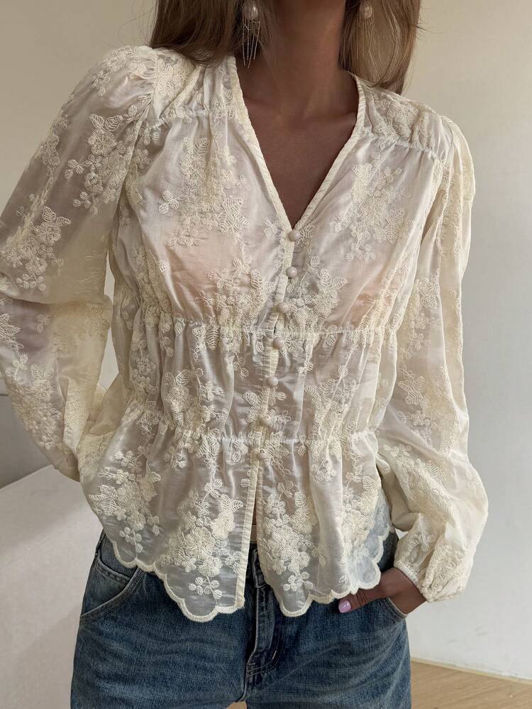 Women's Textured Embroidered Ditsy Floral Loose V-Neck Drawstring Casual Summer Blouse Going Out Tops Women
