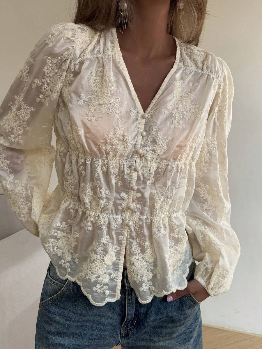 DAZY Women's Textured Embroidered Ditsy Floral Loose V-Neck Drawstring Casual Summer Blouse Going Out Tops Women - White - View 1