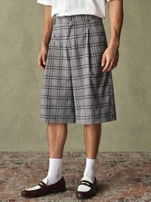 SWAVVY Men's Casual Plaid Pleated Loose Shorts, Summer Men's Relaxed Fit Shorts Grey Shorts For Men Checkered Shorts Pleated Shorts Men Plaid Shorts Plaid Pleated Shorts Men Shorts - Grey - View 4