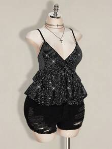 SHEIN ICON Plus Size Fashionable Party Sequin Ruffle Hem Camisole, Summer Tops - Silver - View 10