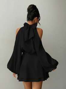 Aloruh 女士新款杏色纯色迷你连衣裙，长袖，灯笼袖设计，A字裙，适合派对、约会、下午茶等场合，秋冬款 - 黑色 - 查看 2