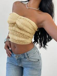 Aloruh Top bandeau con volantes, plisado y lazo elegante y romántico de unicolor para mujer - Amarillo - Ver 4