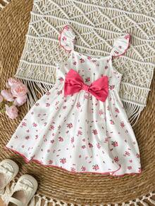 Babygirl Summer Cute Floral Print Cap Sleeve Bow Tie Dress - Pink - View 5