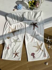 Comfortcana Plus Size Starfish Print Casual Drawstring Pants, Spring/Summer White Beach Pants - White - View 5