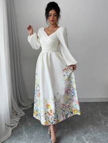 Modelyn Women's Crossed Wrap Lantern Sleeve Mid-Length Dress - Apricot - View 5