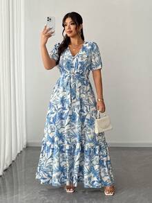 Elenzga 优雅V领印花系带短袖喇叭长连衣裙，时尚设计，适合度假和日常穿着，高品质大码，春夏秋季皆宜。 - 藍色 - 查看 3