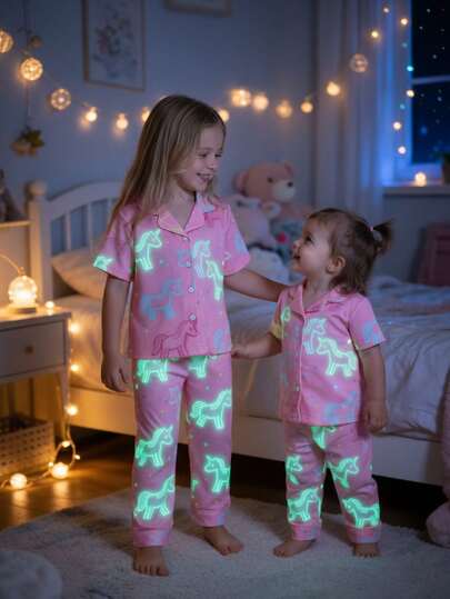 2pcs Baby Girls Lapel Cardigan Short Sleeve Pants Pajama Set, Pink Cartoon Glow-In-The-Dark Unicorn Pattern (Requires UV Light To Glow)