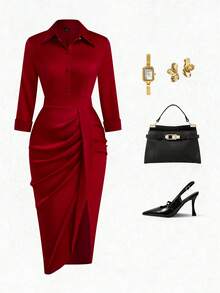 Franclia Plus Size Elegant Red Satin Women's Dress,Autumn Long Sleeve Shirt Collar Asymmetrical Hem Ruffle Dress,Formal Party Work Church Outfits For Women - Red - View 11
