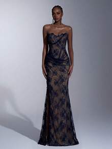 Elitara 优雅奢华复古法式风格3D立体骨线睫毛波浪荷叶边刺绣褶裥开衩鱼尾裙摆女士宴会礼服、网红网纱连衣裙、商务连衣裙、宾客礼服 - 藏蓝色 - 查看 6