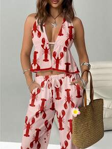 SHEIN EZwear 女士休闲度假两件套，度假装，夏季装，龙虾印花，适合海滩穿着 - 彩色 - 查看 5