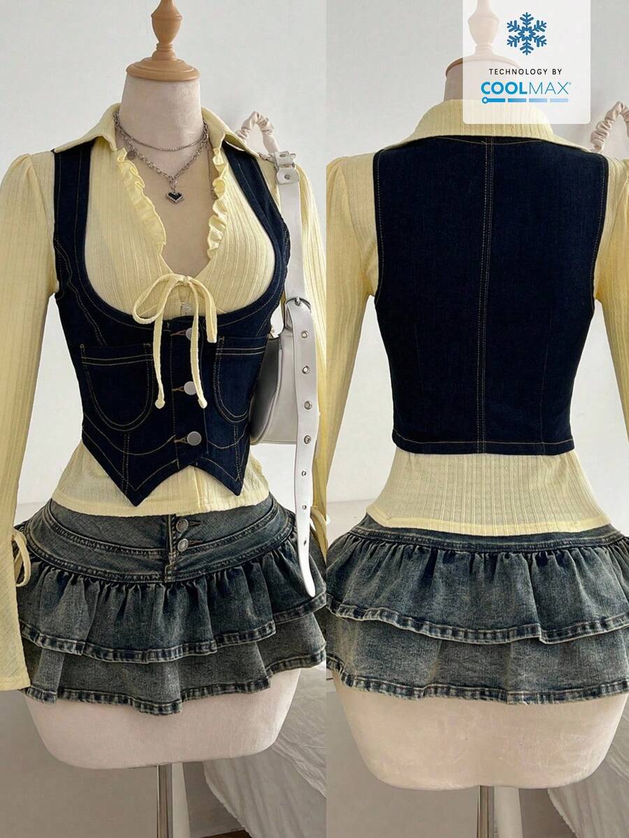 Elamini Áo vest denim không tay ôm sát, cài cúc phía trước, thời trang nữ - Màu xanh lam - Xem 1