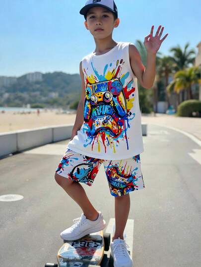 2pcs/Set Tween Boys' Summer Casual Colorful Game Console Printed Vest And Shorts Set. Soft And Comfortable Fabric, Suitable For Daily Commute And Sports Wear
