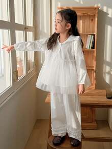 DAZY Young Girl Long Sleeve Button Half Placket Mesh Hem Hoodie Shirt And Pants Cute Set - White - View 3