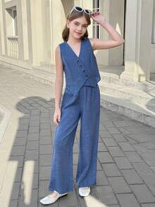 SHEIN Nova Glow 少女无袖梭织上衣，不对称下摆配纽扣，搭配宽松直筒裤，两件套，法式优雅时尚的办公室着装 - 藍色 - 查看 3
