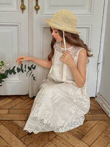 DAZY 少女花卉刺绣网纱圆领无袖休闲可爱连衣裙 - 米色 - 查看 1