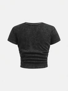 SHEIN Tween Girls' Casual Everyday Street Slim Fit Short Sleeve Round Neck T-Shirt And Wide Leg Pants Knit Set, Washed Fabric, Gray, Butterfly Print - Dark Grey - View 7