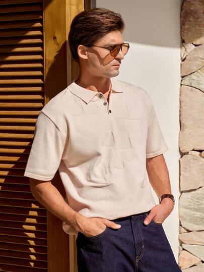 Manfinity CityGents Men's Summer Casual Vacation & Commute Jacquard Short Sleeve Polo Knit Top, Cool & Comfortable Summer Fashion Casual Essential Men's Knit Shirt Cream Top Men Men Buttoned Knitted Polo