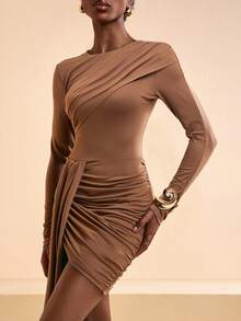 Zivah Women's Chic Coffee Brown Autumn Long Sleeve Round Neck Bodycon Dress,Chest Ruched Panel,Asymmetric Hem Draped Wrap Mini Dress For Party & Night Out - Brown - View 8