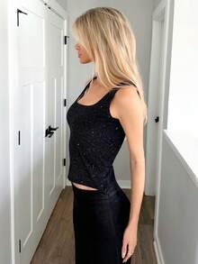 Sydney Algeri New Shiny Fabric Elegant Commuter Everyday Wear Waist Cinched Slim Fit Women Tank Top, Autumn - Black - View 3