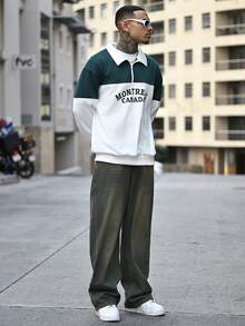 Devon Thys Men's Pullover Quarter Zip Sweatshirt With Letter Print Patchwork, Fashion Long Sleeve Loose Fit Lightweight Sweatshirt, Spring/Autumn - Army Green - View 6