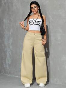 SHEIN EZwear 女士休闲宽松口袋牛仔裤 - 卡其色 - 查看 5