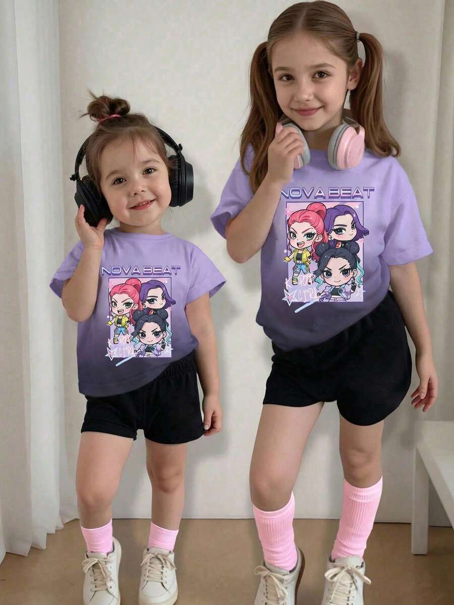 SHEIN 2件套女婴针织可爱渐变色圆领T恤和短裤套装 - 彩色 - 查看 1