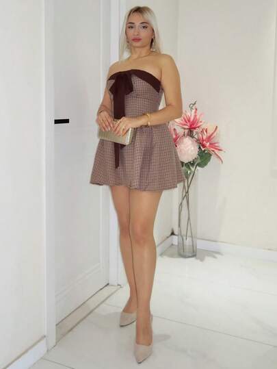 salliqueen 秋冬新款复古性感修身蝴蝶结拼色千鸟格休闲舒适摆裙，棕色