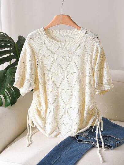 CosyJoli 大码纯色爱心图案圆领休闲短袖毛衣