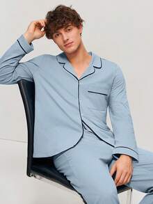 LUVLETTE Bộ đồ ngủ mùa xuân và hè mềm mại, 100% cotton nguyên chất, màu xanh da trời nhạt, kiểu dáng cơ bản, gồm áo dài tay cài cúc và quần, bộ đồ mặc nhà cho nam, quần có túi, đồ ngủ cotton. - Màu xanh nhạt - Xem 7