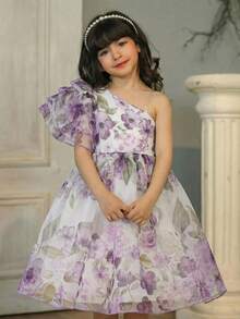 SHEIN 小女孩碎花短袖公主裙，新款蓬蓬裙派对礼服 - 紫色 - 查看 3
