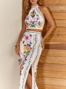 CAJUNI Women's Floral Print Halter Top And Long Fitted Skirt Vacation Suit - Mauve Purple - View 7