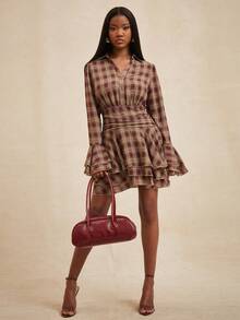 NYA SZN 长袖连衣裙，纽扣领，荷叶边细节，飘逸修身，适合秋冬季、春季、圣诞节、节日、新年夜、光明节、活动、派对、商务休闲场合，迷你裙长，女士服装 - 紅色 - 查看 3