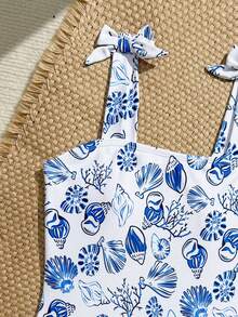 SHEIN 少女夏季时尚优雅可爱蓝白贝壳印花针织可调节肩带连体泳衣，适合度假、海滩、泳池、节日派对等场合 - 彩色 - 查看 4