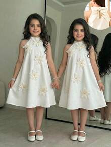 SHEIN Đầm maxi dáng chữ A không tay, thanh lịch cho bé gái tuổi teen, trang trí hoa 3D, điểm nhấn là nơ lớn, màu mơ, thích hợp cho bé gái dự tiệc cưới, dự tiệc, lễ hội. - Màu be - Xem 6