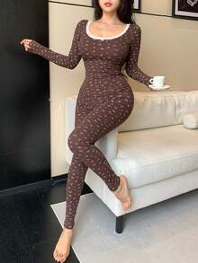 DAZY 2pcs Women Floral Lace Patchwork Slim Fit Long Sleeve Top And Long Pants Pajama Set - Coffee Brown - View 5