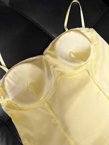 DAZY Satin Lace Patchwork Ruched Bust Design Camisole Top With Built-In Padded Bra For Women - Yellow - View 12