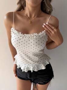 DAZY Áo tank top hai dây có đệm mút, viền bèo nhún, họa tiết chấm bi dành cho nữ. - trắng - Xem 10