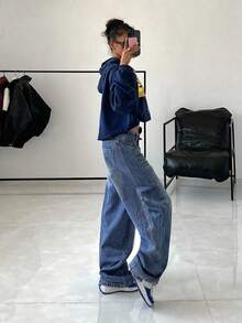 StreetHx Women's Low Waist Button Loose Fashion Jeans, Suitable For Daily Wear - Blue - View 2