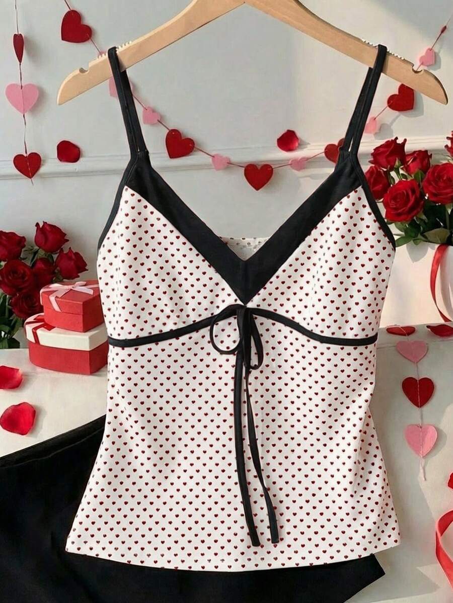 Comfortcana 女士撞色拼接爱心印花系带吊带背心 - 黑色 - 查看 1