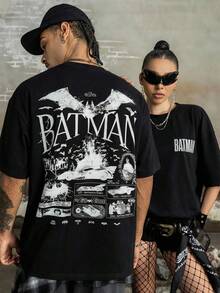 BATMAN X SHEIN Men's Casual Bat Print Short Sleeve T-Shirt, Summer - Black - View 1