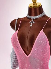 Amplova Rhinestone Glitter Backless Sheer Sexy Bodysuit For Party - Pink - View 4