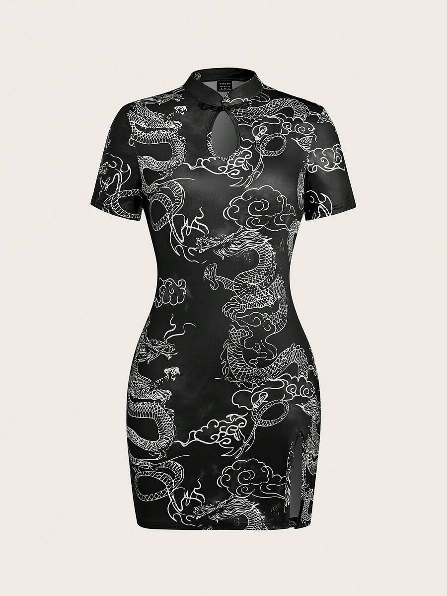 SHEIN PETITE Chinese Dragon Hollow Design Split Hem Bodycon Dress - Black - View 1