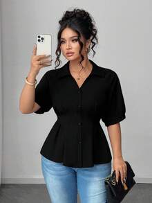 SHEIN PETITE CURVE Plus Size Petite Women's Solid Color Minimalist Stylish Office Wear Short Sleeve Blouse, Spring/Summer - Black - View 4