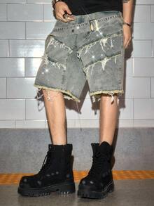 ROMWE MEN Street Life Men's Casual Frayed Hem Denim Shorts - Grey - View 1